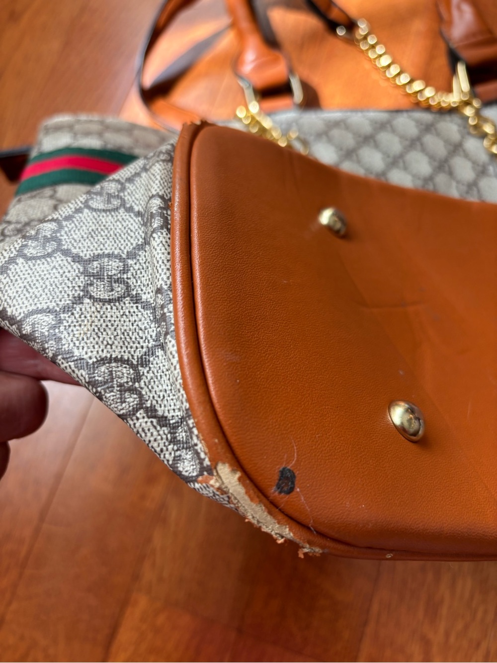 Gucci Brown Monogram Tote with Green & Red Stripe - Picture 10 of 13